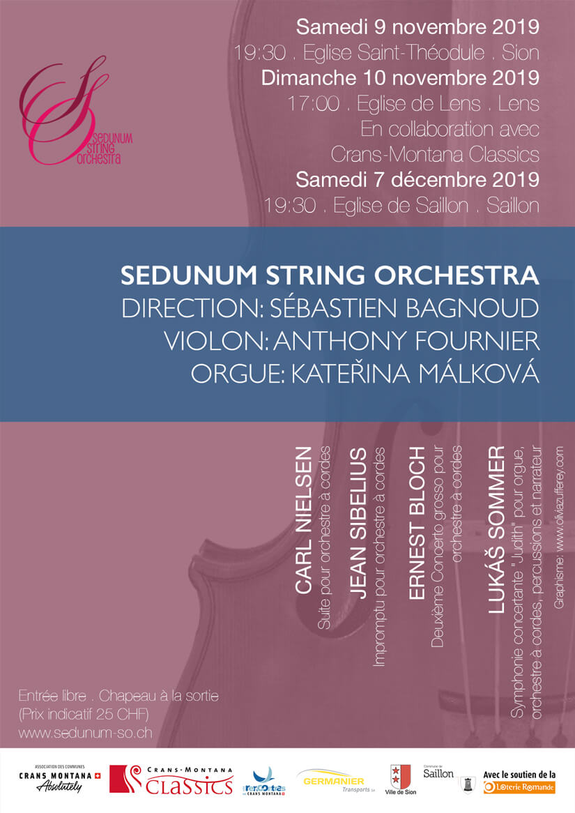 Concert: Impromptu for string orchestra – Sibelius, Suite for string orchestra – Nielsen, Nigun for violin and strings – Bloch Concerto Grosso no. 2 – Bloch